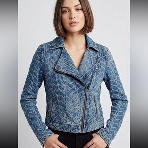 Free People Moto Blue Jean Jacket with Textured Chevron Pattern